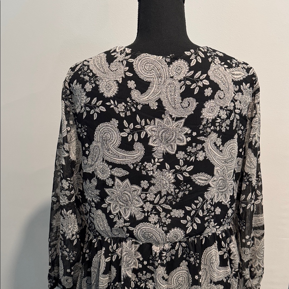 Primark Black and Gray Paisley Print Tie Front Dress Size 10 - Picture 5 of 9